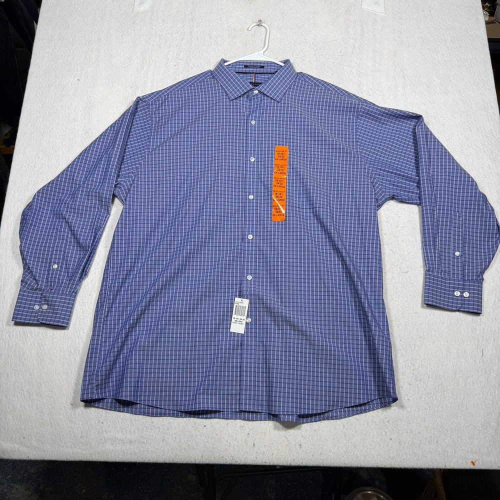 Tommy Hilfiger Mens Blue Grid Stretch Dress Shirt Regular Fit XXL 18-18.5 34/35